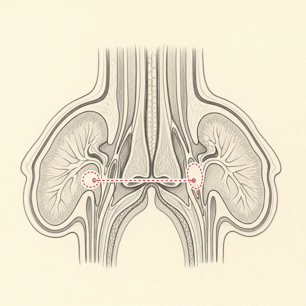 Balloon sinuplasty — pencil-sketch coronal cross-section. A red dotted balloon catheter inflates within the maxillary sinus ostium, dilating it gently.