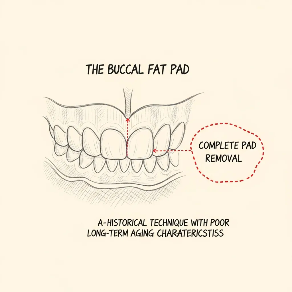 Pencil-sketch diagram of the buccal fat pad with a larger red dotted outline indicating complete pad removal — labeled as a historical technique with poor long-term aging characteristics.
