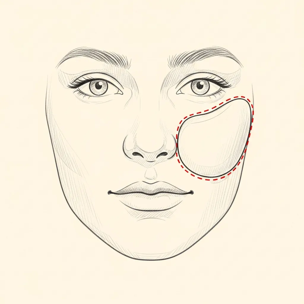 Pencil-sketch frontal view of the mid-face with a silicone cheek implant overlay on the malar bone — red dotted line marks the intra-oral incision in the upper gingivobuccal sulcus.