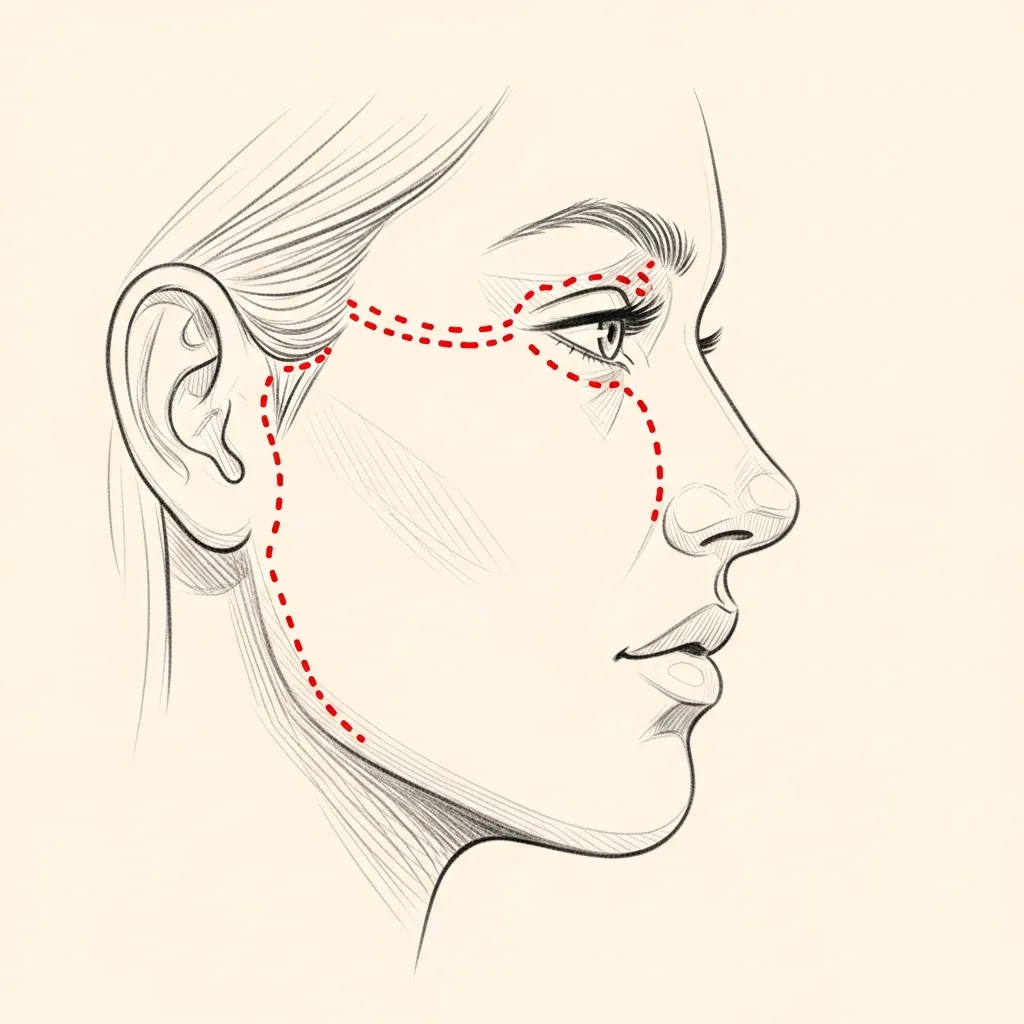 Pencil-sketch profile view of the mid-face with red dotted markers indicating fat-graft injection sites in the malar fat pad and sub-malar area.