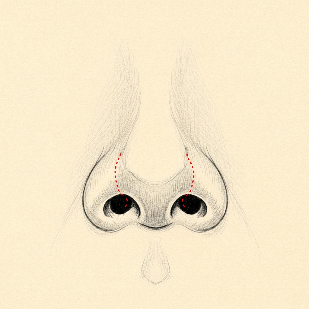 Closed (endonasal) rhinoplasty — editorial pencil-sketch, base-of-nose view. The columella is intact with no external mark; dotted red lines sit hidden inside each nostril rim.