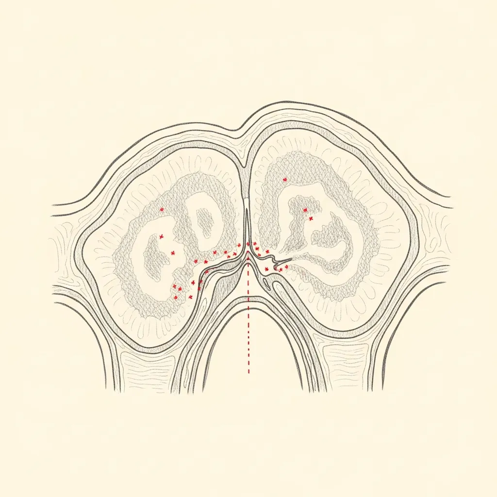 Pencil-sketch coronal cross-section of inflamed sinus mucosa with red dotted markers indicating diffuse mucosal swelling typical of viral inflammation — without focal purulence.