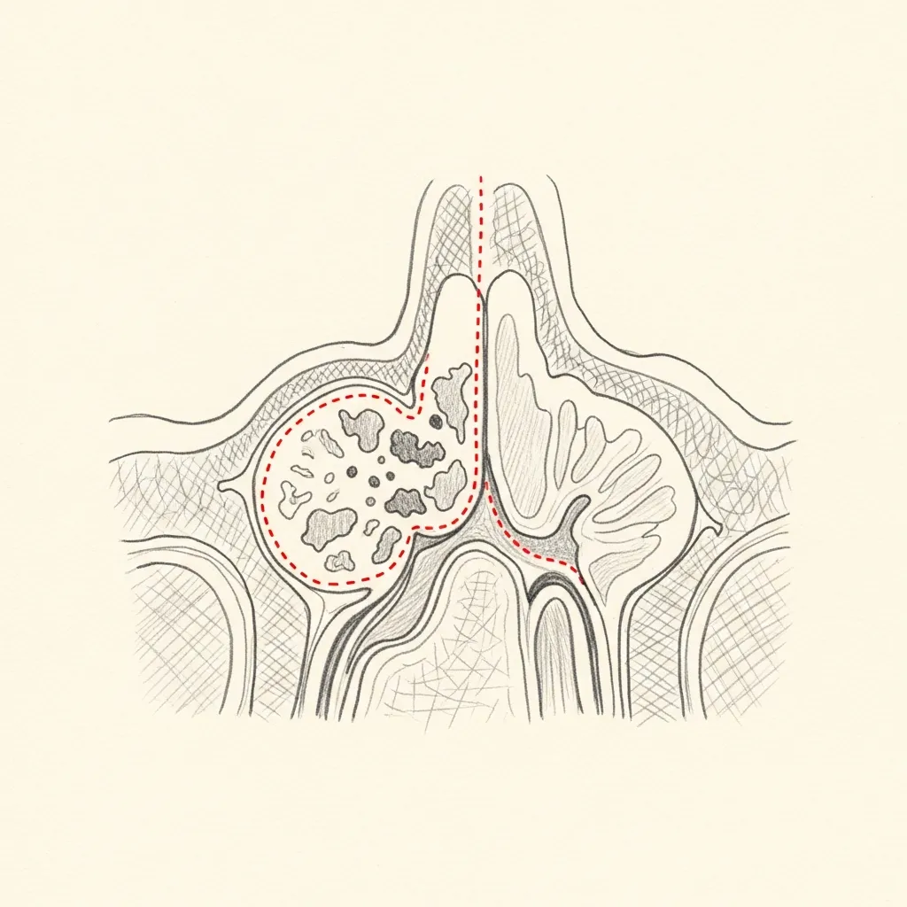 Pencil-sketch coronal cross-section showing focal purulent material in a maxillary sinus with red dotted outline indicating a fluid level — a finding suggestive of bacterial superinfection.