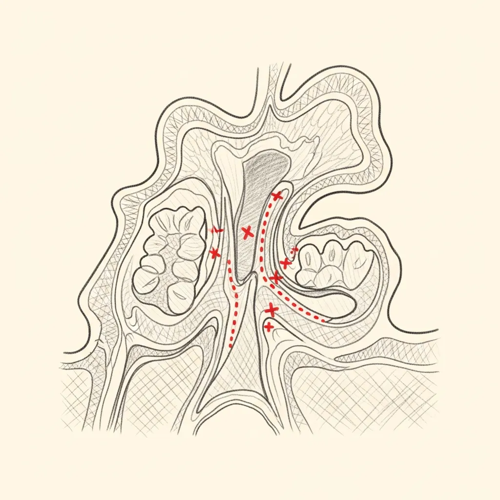 Pencil-sketch coronal cross-section showing invasive fungal disease with red dotted markers indicating bony erosion of the sinus wall and tissue invasion — a finding requiring urgent management.