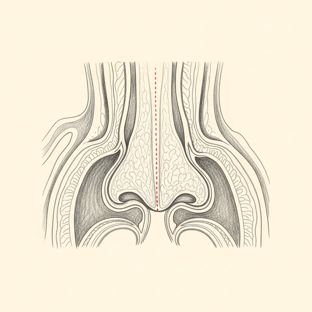 Pencil-sketch coronal cross-section of the nasal cavity showing a normal inferior turbinate of appropriate size, with adequate airspace between the turbinate and the nasal septum.