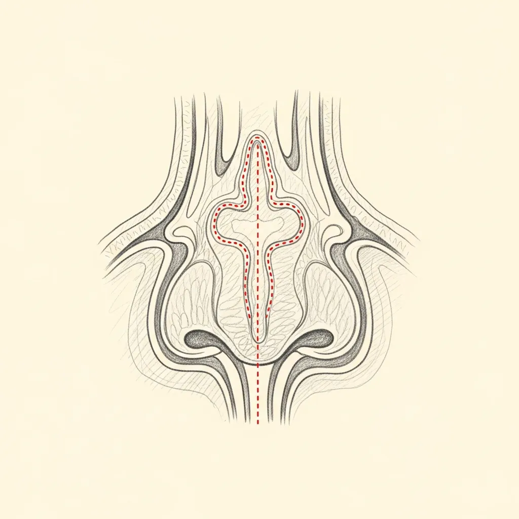 Pencil-sketch coronal cross-section of the nasal cavity showing an enlarged inferior turbinate with red dotted outline marking the hypertrophied submucosal tissue obstructing the airway between turbinate and septum.