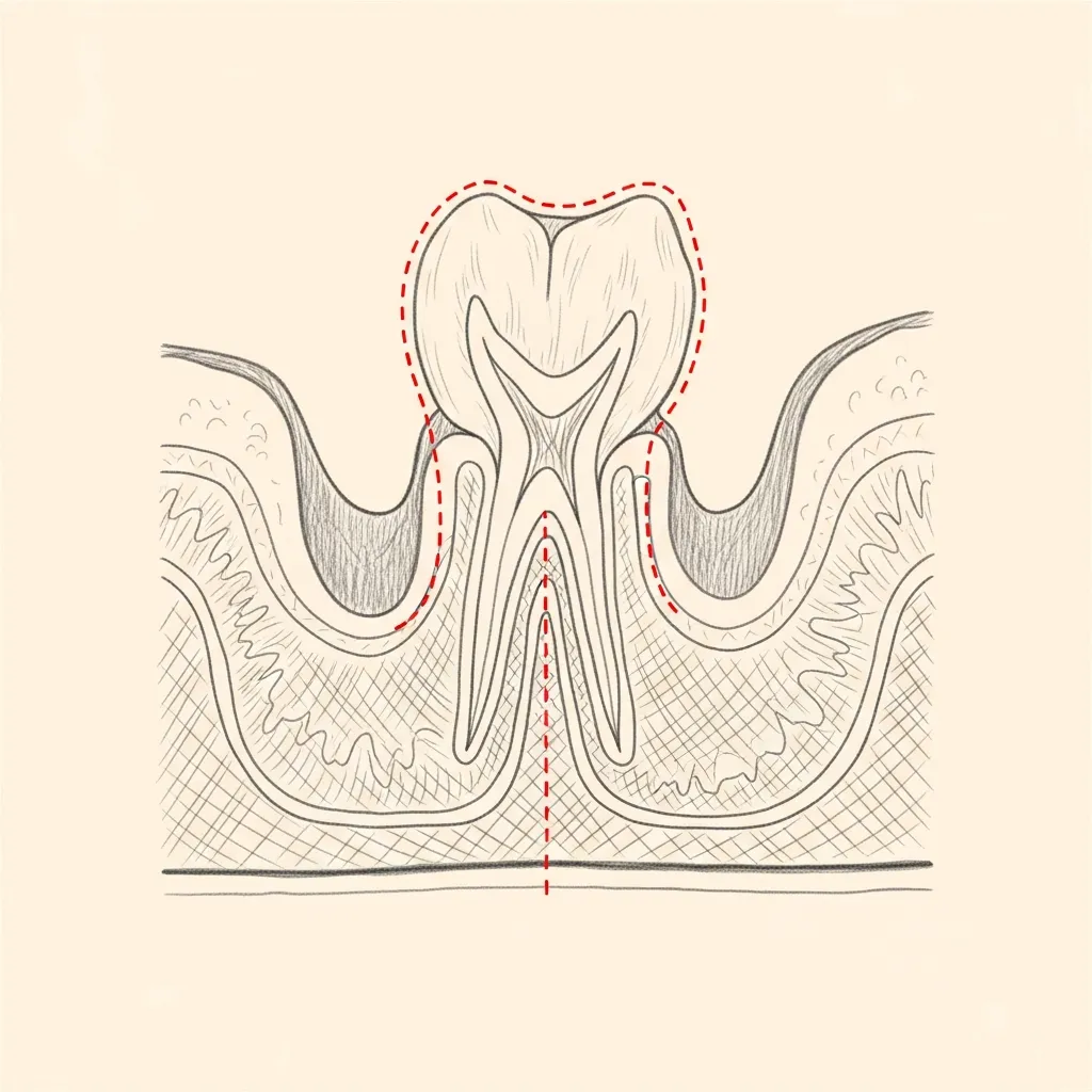 Pencil-sketch coronal cross-section showing the upper molar roots projecting upward into the floor of the maxillary sinus; red dotted outline indicates the close anatomic relationship.