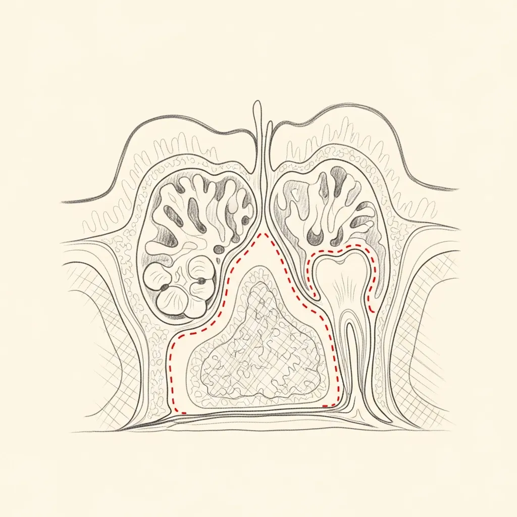 Pencil-sketch coronal cross-section showing a maxillary sinus filled with inflammatory material; red dotted outline marks a periapical lucency from an infected upper molar root extending into the sinus floor.