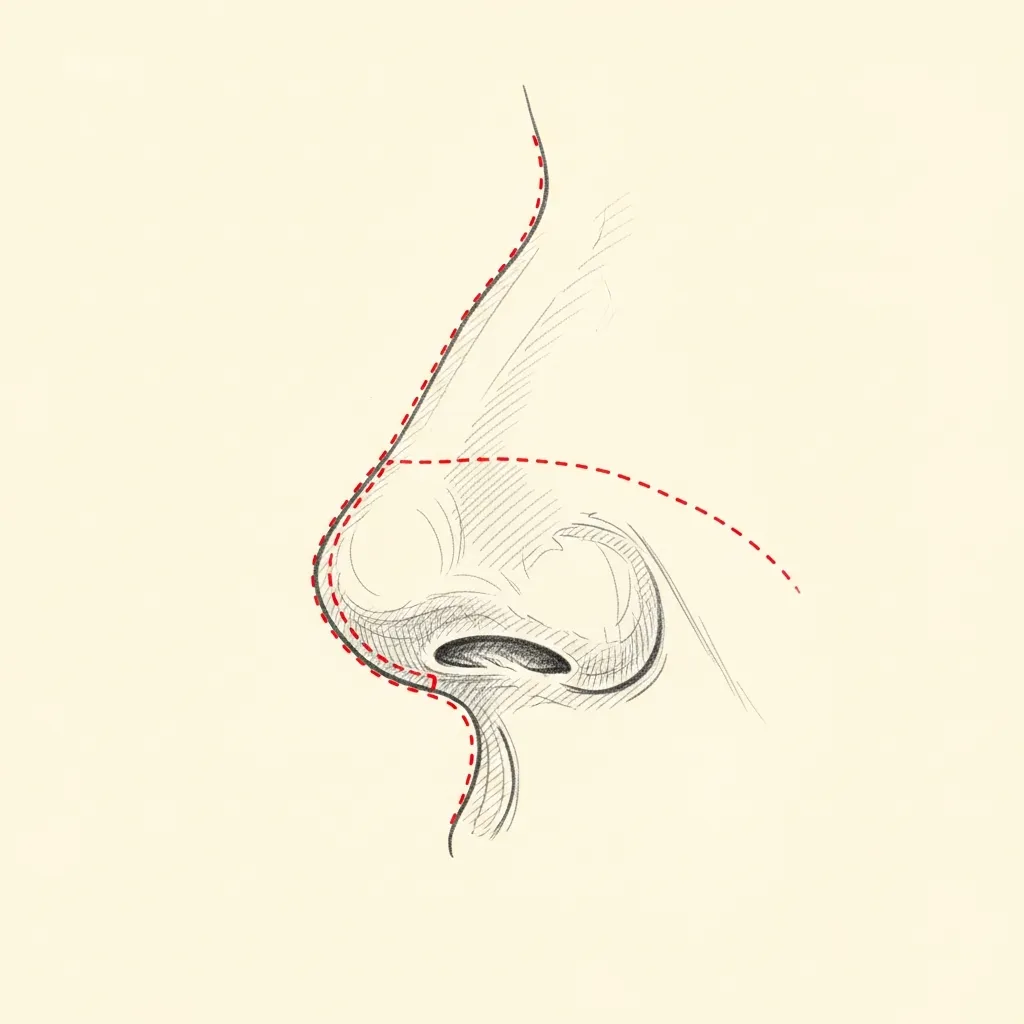 Pencil-sketch lateral profile of the nose showing supratip fullness from accumulated scar tissue under the skin; red dotted outline indicates the soft-tissue thickening in the supratip area.