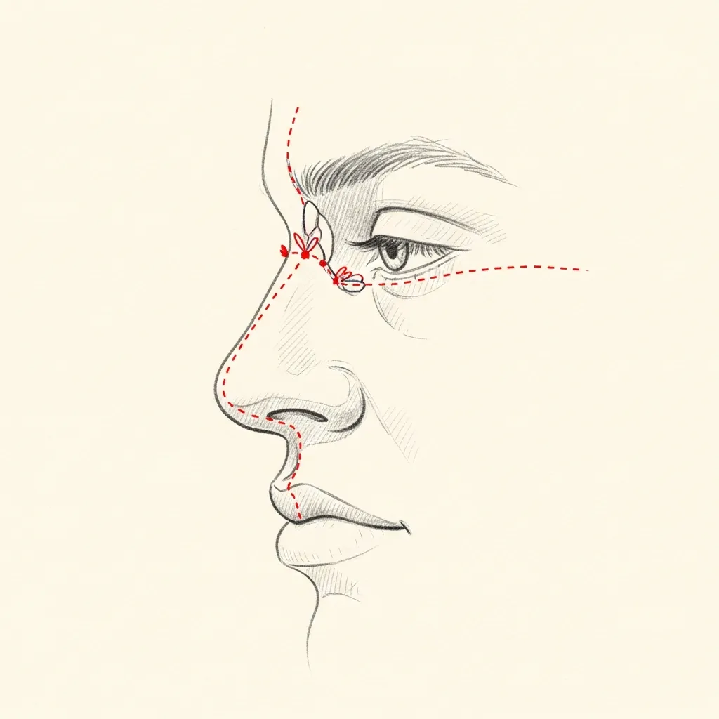 Pencil-sketch lateral profile showing structural pollybeak from inadequate dorsal reduction or under-projected tip; red dotted markers indicate the cartilage and bony excess in the supratip that requires surgical revision.