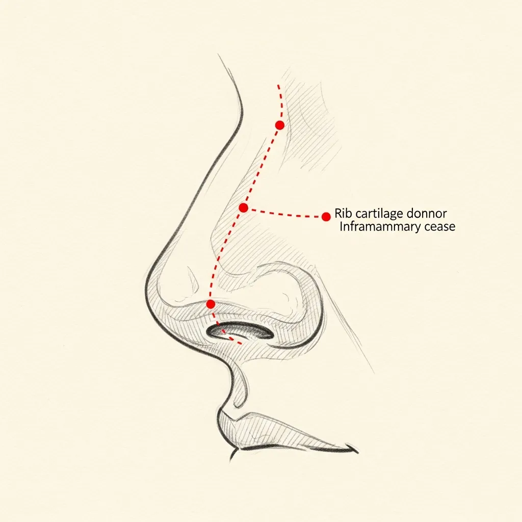 Pencil-sketch lateral profile of the nose with a costal cartilage dorsal graft in place; red dotted markers indicate the rib cartilage donor site in the inframammary crease.