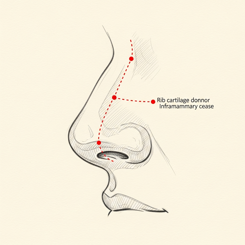 Pencil-sketch lateral profile of the nose with a costal cartilage dorsal graft in place; red dotted markers indicate the rib cartilage donor site in the inframammary crease.