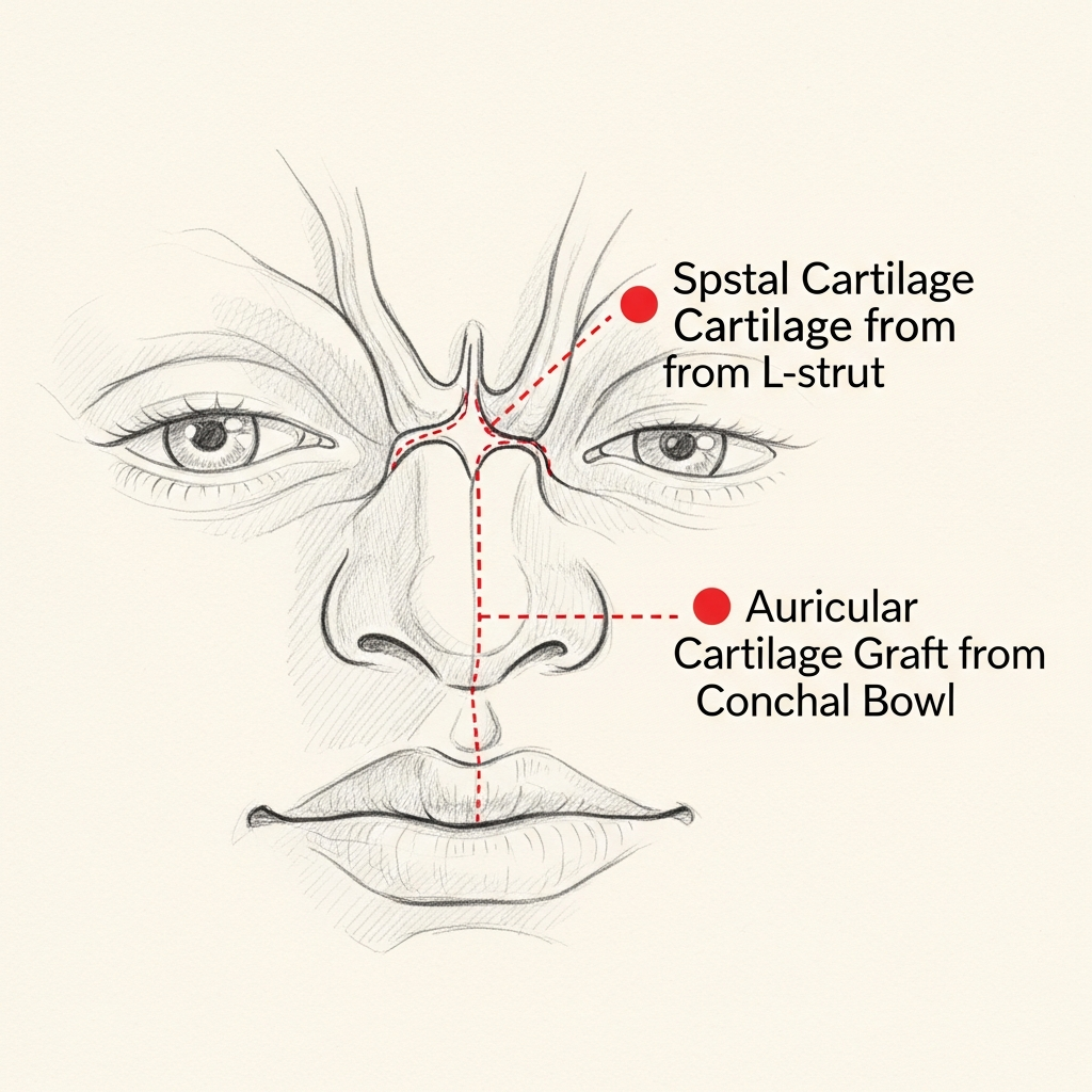 Pencil-sketch composition showing a septal cartilage graft from the L-strut and an auricular cartilage graft from the conchal bowl — red dotted markers indicate both donor sites.