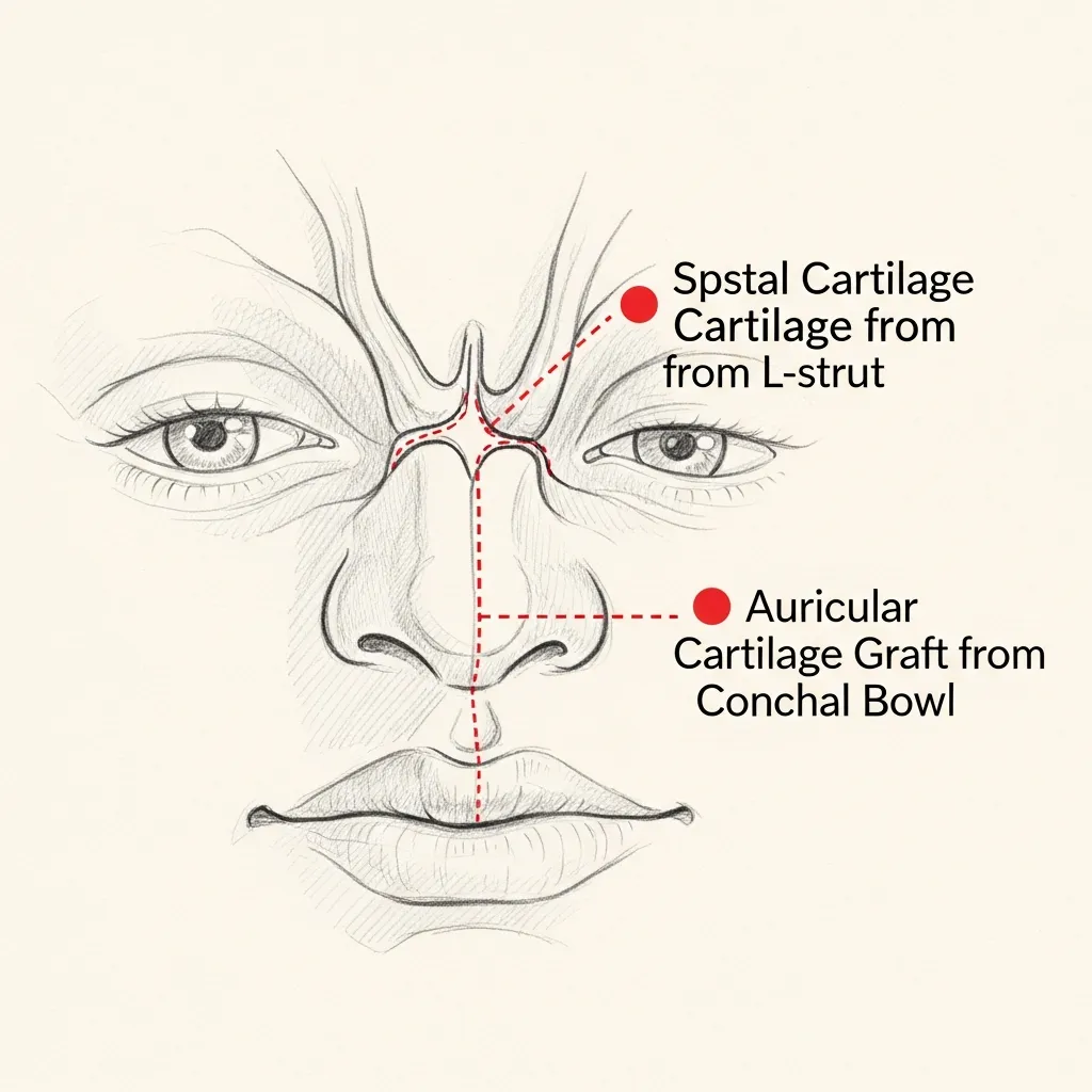 Pencil-sketch composition showing a septal cartilage graft from the L-strut and an auricular cartilage graft from the conchal bowl — red dotted markers indicate both donor sites.