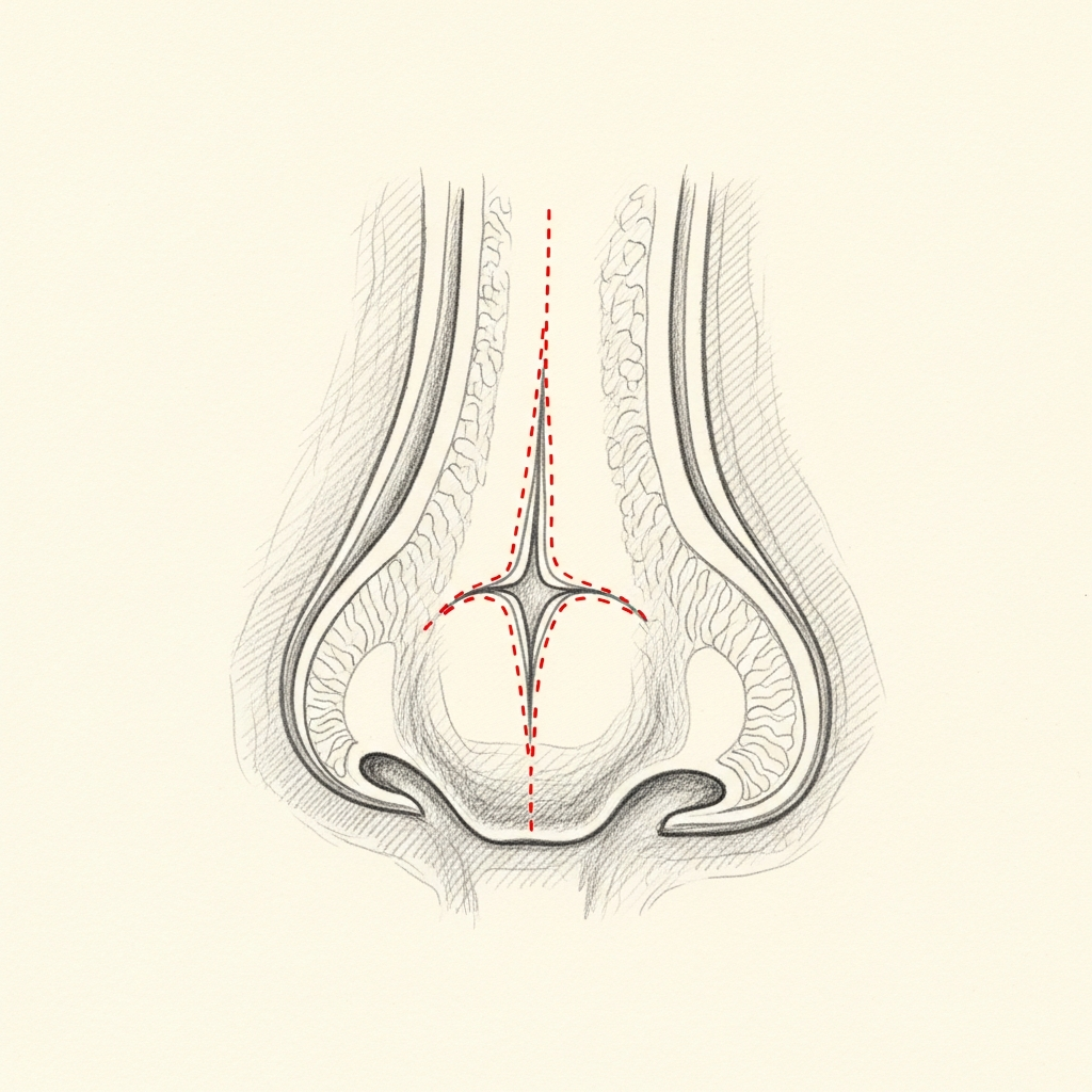 Pencil-sketch sagittal cross-section of the nasal septum showing a clean-edged perforation in the cartilaginous septum; red dotted outline indicates the post-surgical perforation site.