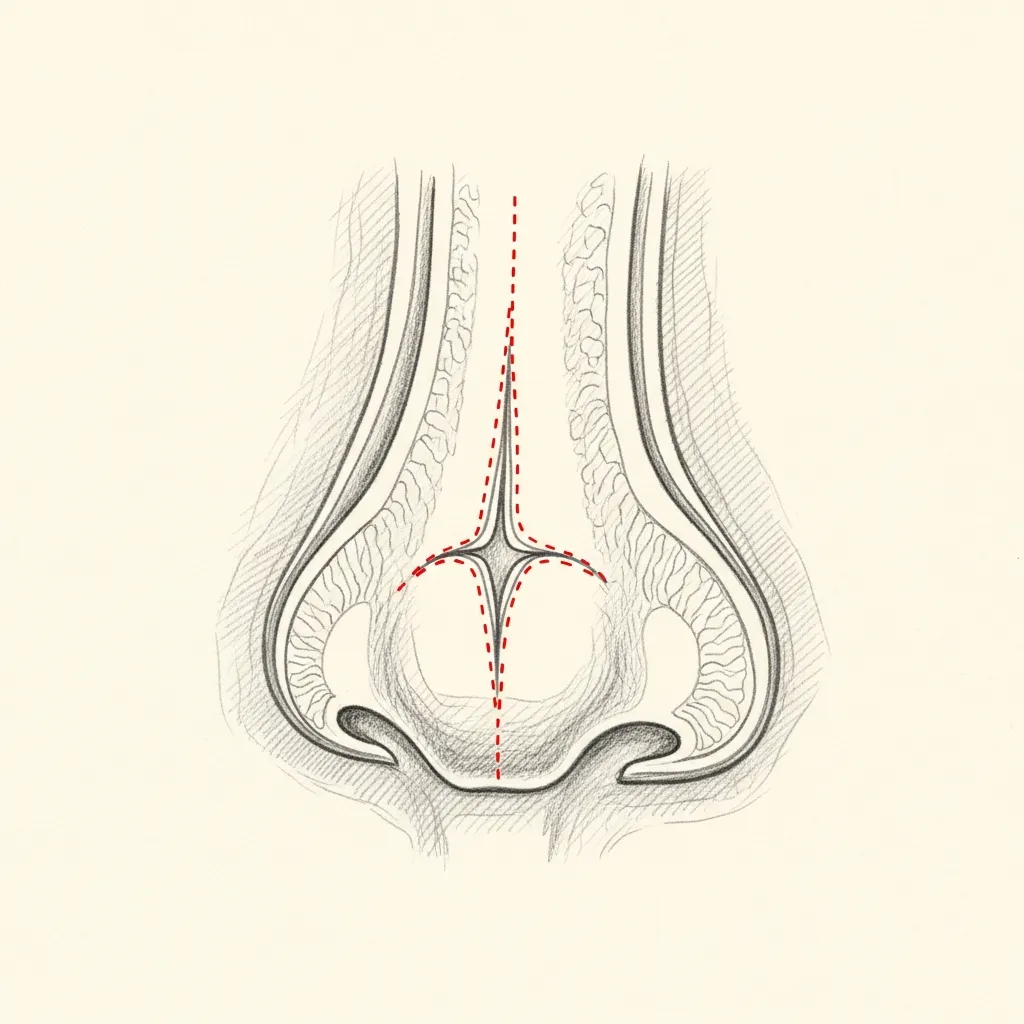 Pencil-sketch sagittal cross-section of the nasal septum showing a clean-edged perforation in the cartilaginous septum; red dotted outline indicates the post-surgical perforation site.