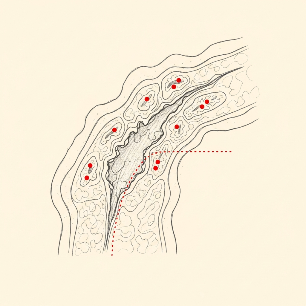 Pencil-sketch sagittal cross-section showing an irregular perforation with inflamed edges and surrounding mucosal disease; red dotted markers indicate the active inflammation that must be controlled before repair.