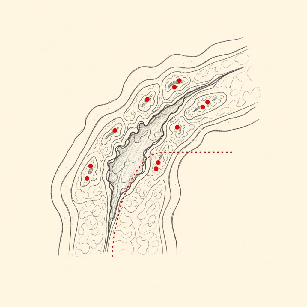 Pencil-sketch sagittal cross-section showing an irregular perforation with inflamed edges and surrounding mucosal disease; red dotted markers indicate the active inflammation that must be controlled before repair.