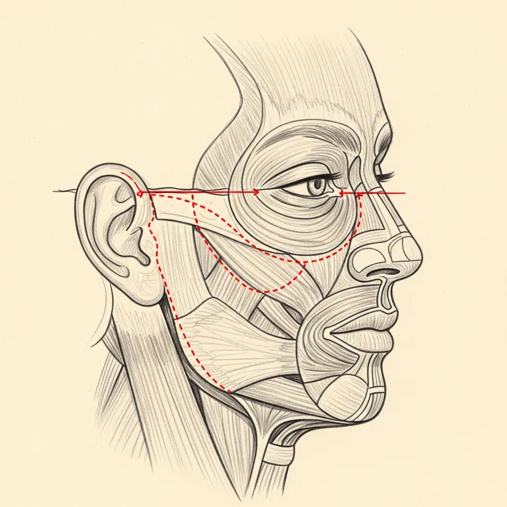 Deep plane facelift — pencil-sketch lateral diagram. Red dotted line traces the sub-SMAS dissection plane from in front of the ear across the cheek toward the midface.