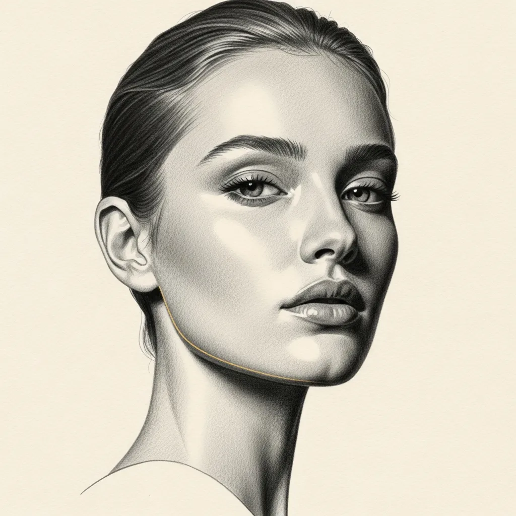 Soft pencil portrait of a woman with a refined, naturally lifted jawline and cheek, a faint gold accent tracing the contour