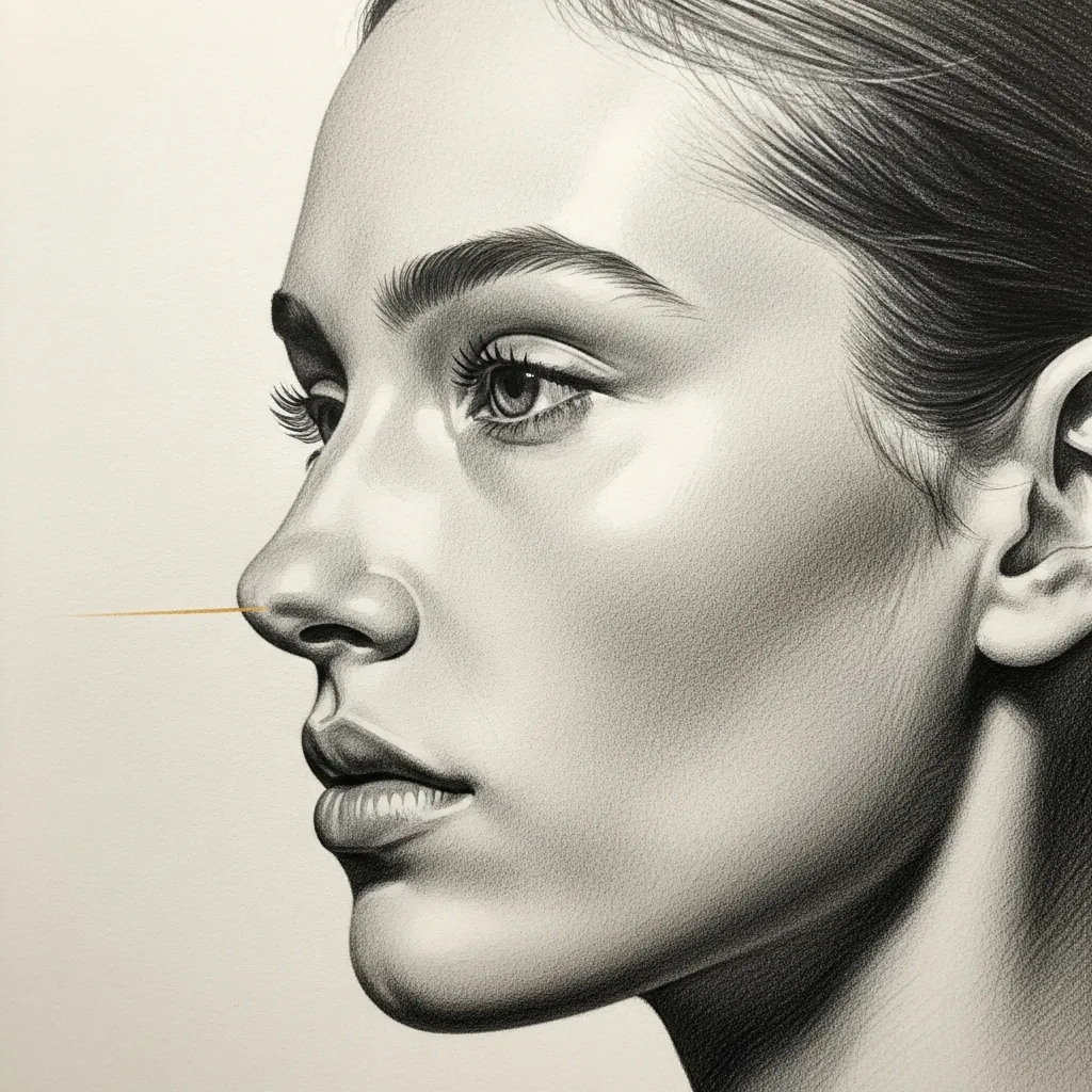 Soft pencil profile portrait of a woman with a balanced, elegant nasal profile, a faint gold accent following the dorsal line