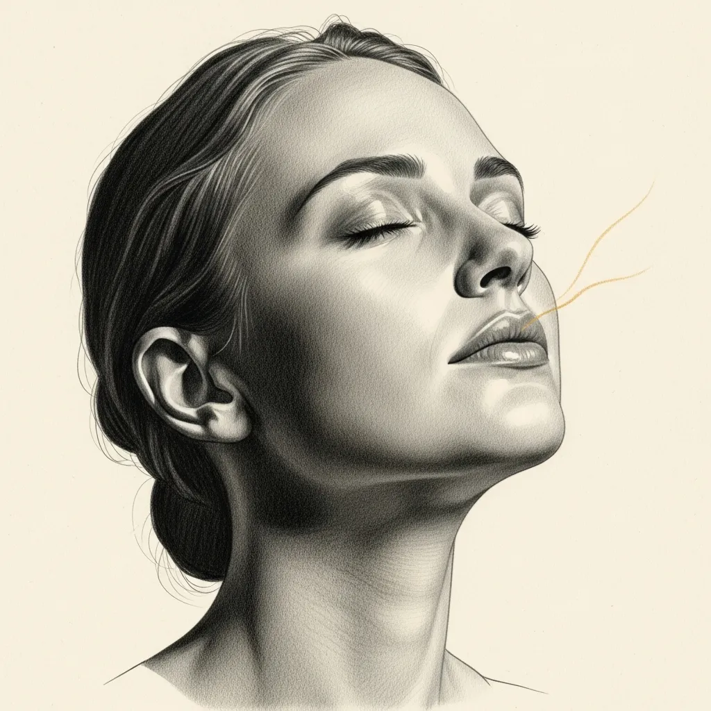 Soft pencil portrait of a serene woman breathing easily with eyes closed, a faint gold wisp of airflow drifting from the nose
