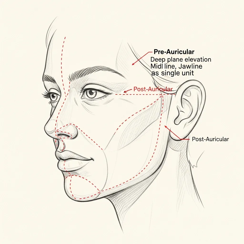 Pencil-sketch lateral view of the face with red dotted lines marking the pre-auricular and post-auricular facelift incisions; vectors show deep-plane elevation of the mid-face, jawline, and neck as a single unit.