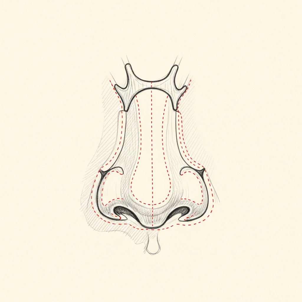 Pencil-sketch base view of the nose with red dotted outlines indicating a columellar strut graft and tip-defining cartilage sutures supporting the lower lateral cartilages.