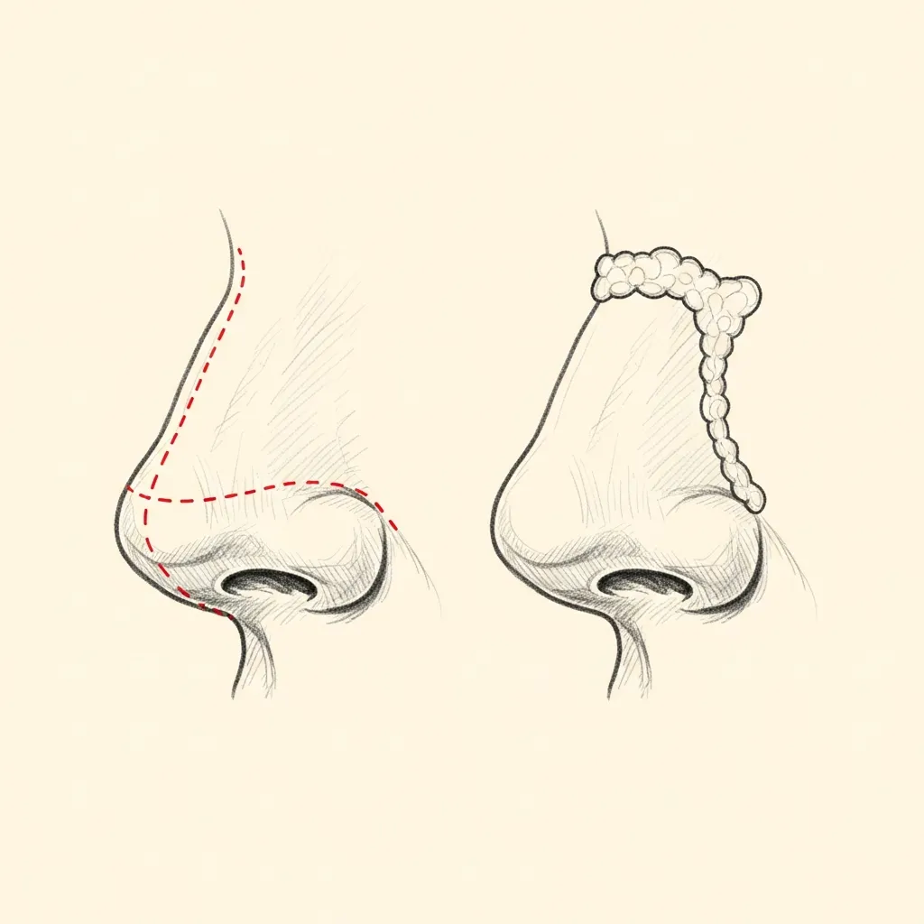 Pencil-sketch lateral view of the nose showing two scenarios: red dotted line marking a conservative dorsal reduction, and a separate diagram showing a cartilage augmentation graft over the dorsum.