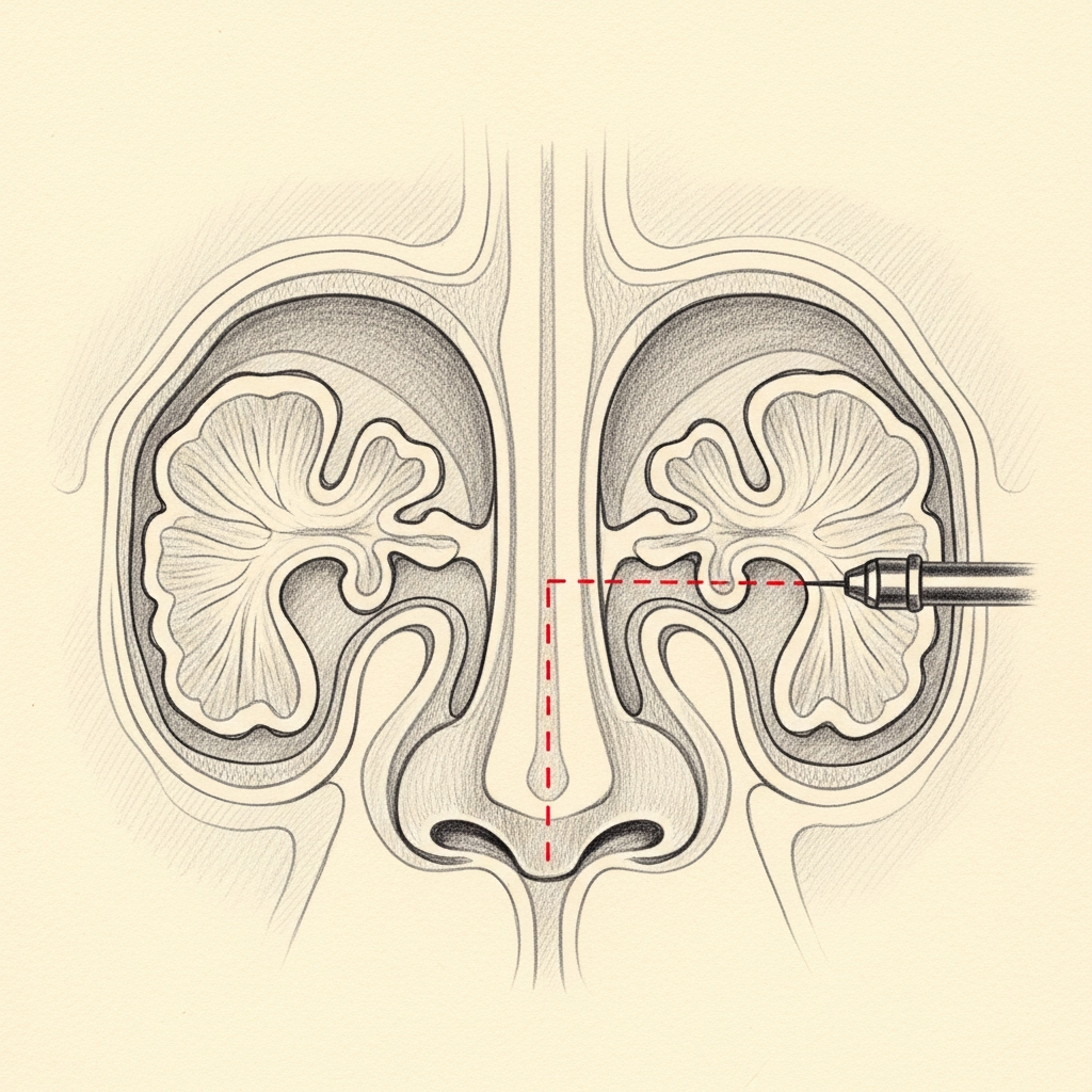 Functional endoscopic sinus surgery — pencil-sketch coronal cross-section. A thin red dotted endoscope passes through the nostril into the maxillary sinus ostium.