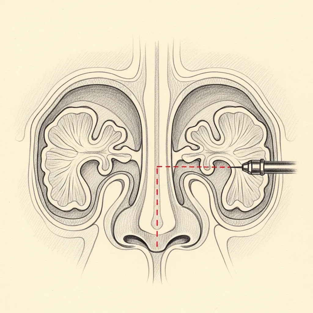 Functional endoscopic sinus surgery — pencil-sketch coronal cross-section. A thin red dotted endoscope passes through the nostril into the maxillary sinus ostium.