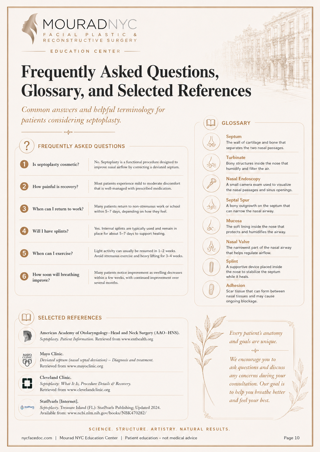 Septoplasty Guide — page 10: FAQ, Glossary, and References