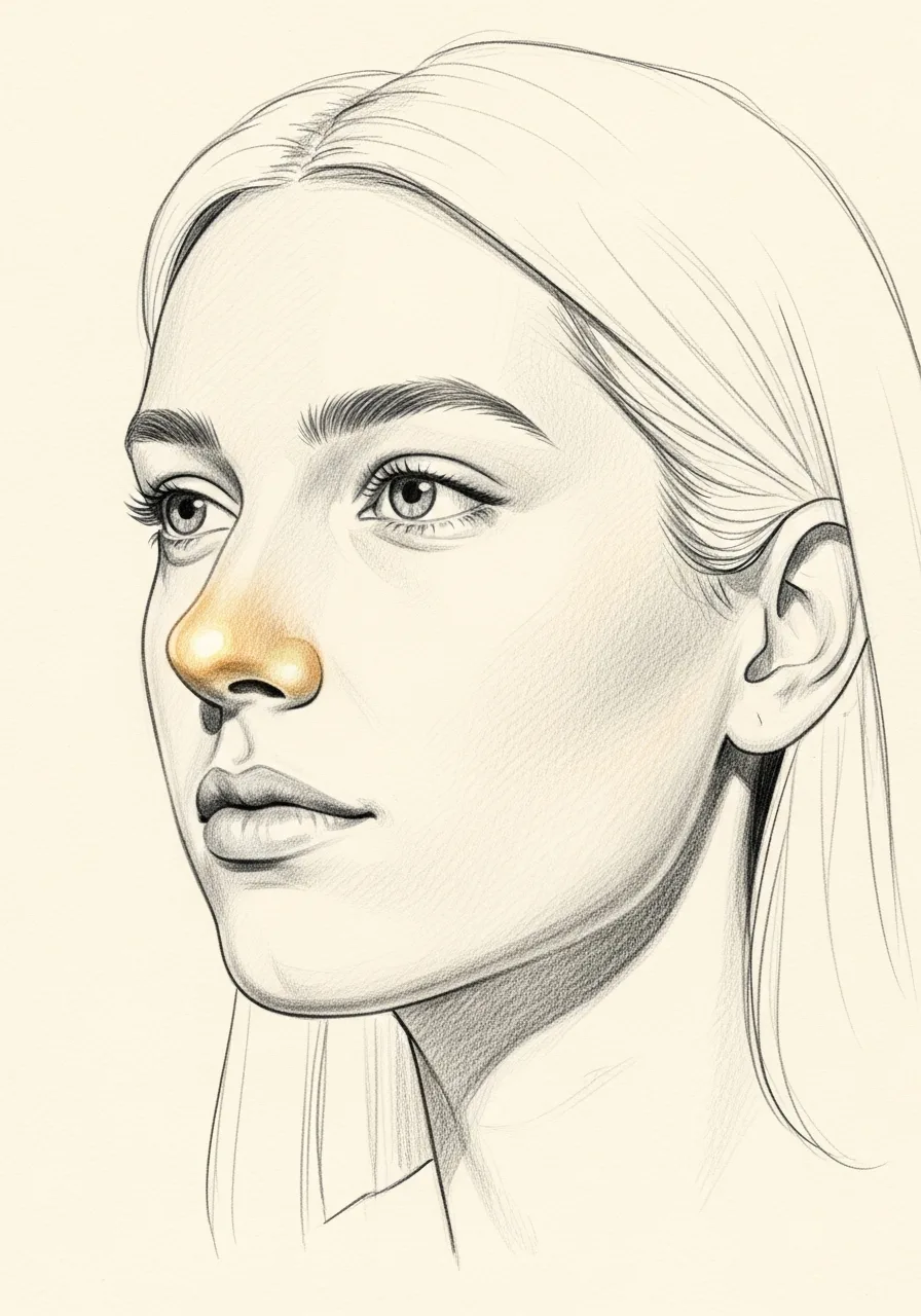 Editorial pencil-sketch portrait — internal nasal asymmetry from deviated septum