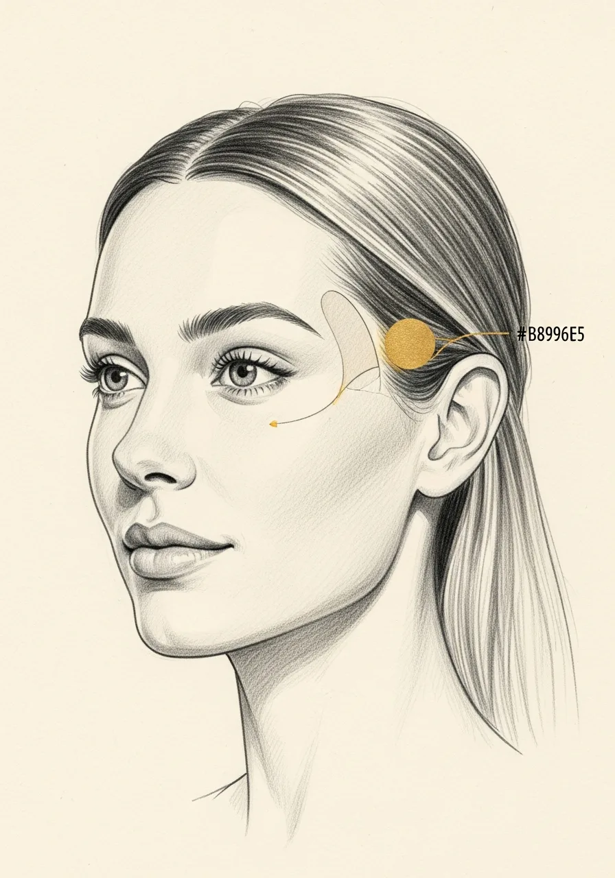 Editorial pencil-sketch portrait — natural mid-face elevation after endoscopic lift