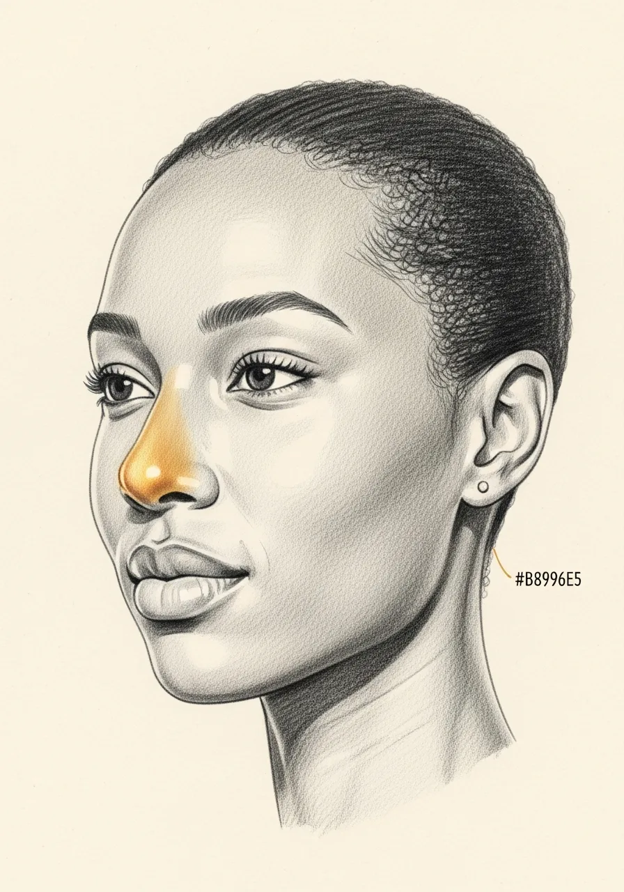 Editorial pencil-sketch portrait — refined nose preserving ethnic identity after rhinoplasty