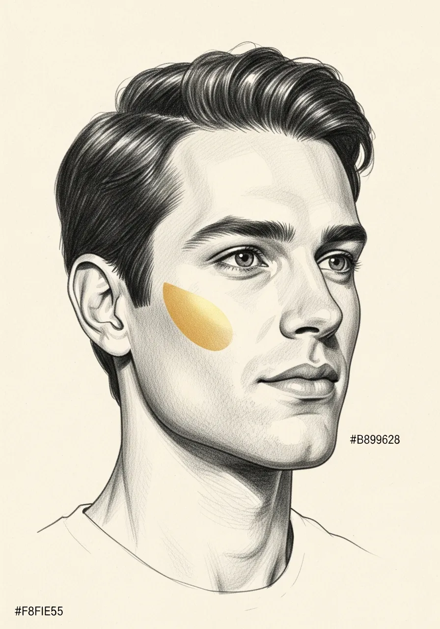 Editorial pencil-sketch portrait — refined masculine lower face after conservative buccal fat reduction