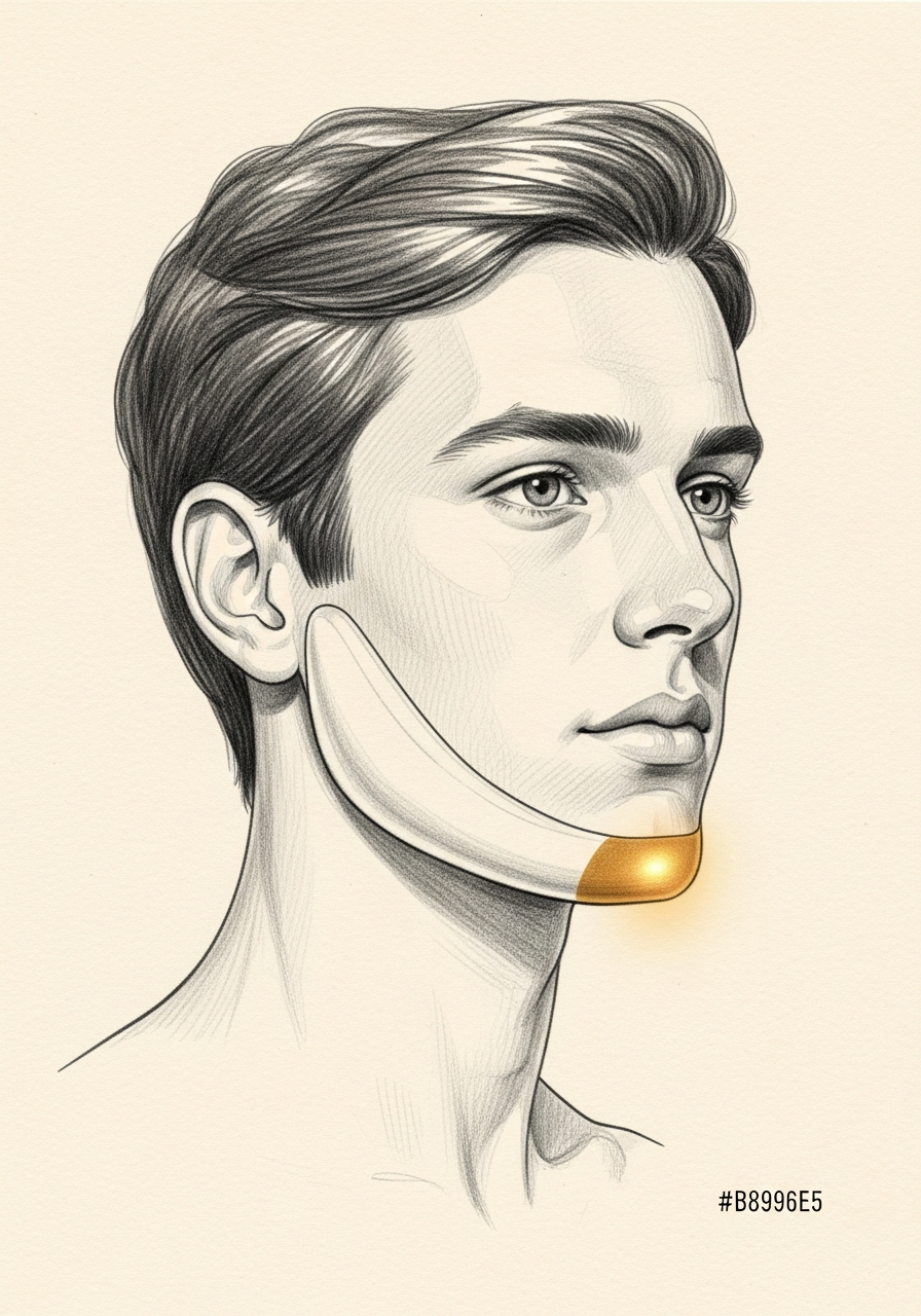 Editorial pencil-sketch profile — defined masculine jawline after chin implant