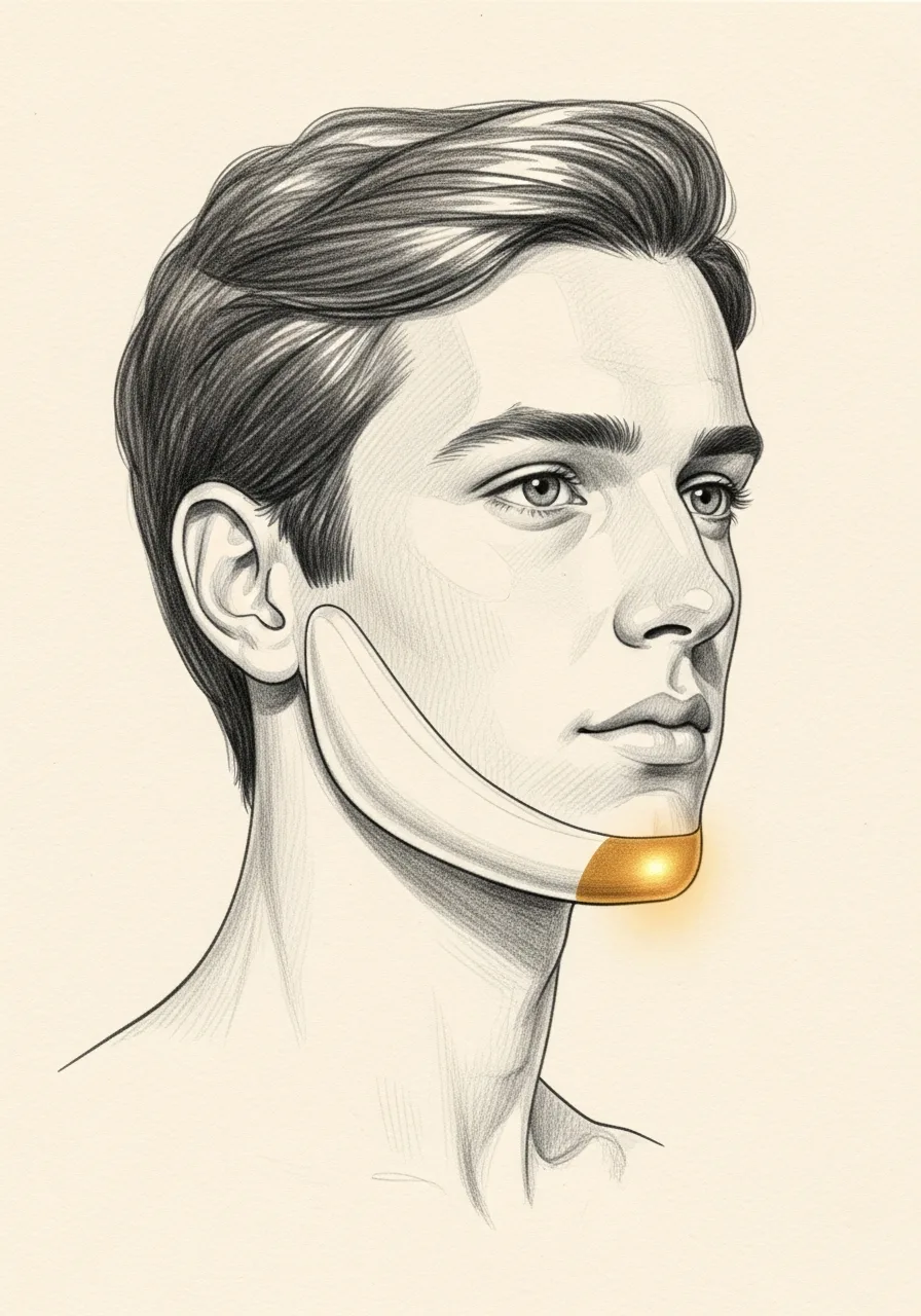 Editorial pencil-sketch profile — defined masculine jawline after chin implant