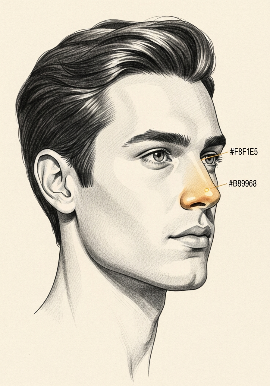 Editorial pencil-sketch portrait — refined masculine nose after rhinoplasty