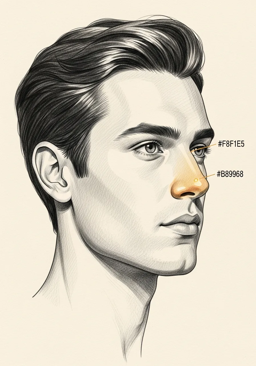 Editorial pencil-sketch portrait — refined masculine nose after rhinoplasty