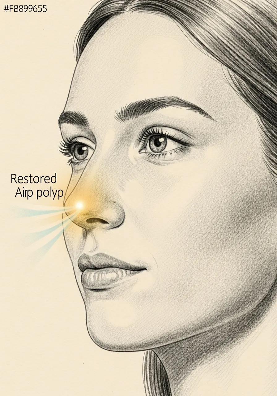 Editorial pencil-sketch portrait — clear nasal airway after polyp surgery