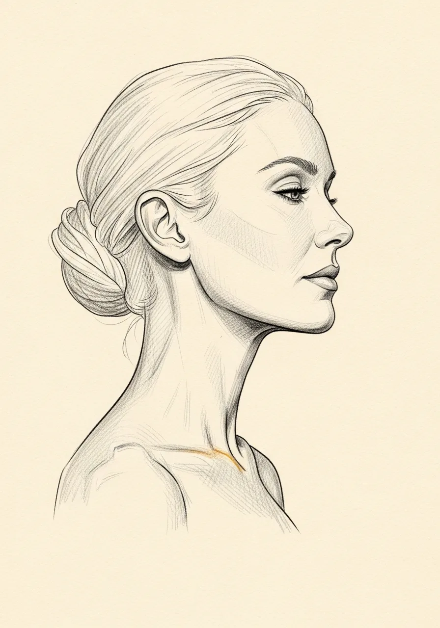 Editorial pencil-sketch profile — the elegant cervicomental angle after a Mourad NYC neck lift
