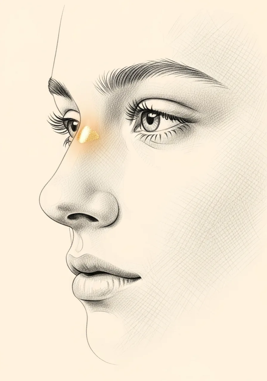 Editorial pencil-sketch profile — supratip fullness characteristic of pollybeak deformity