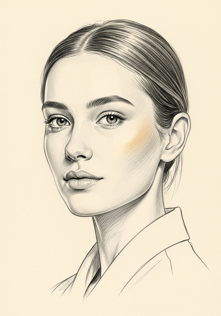 Editorial pencil-sketch portrait — a preserved natural nasal silhouette after Mourad NYC preservation rhinoplasty