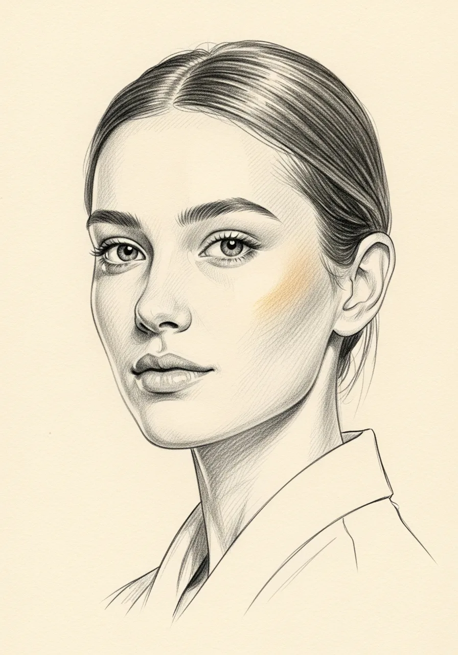 Editorial pencil-sketch portrait — a preserved natural nasal silhouette after Mourad NYC preservation rhinoplasty