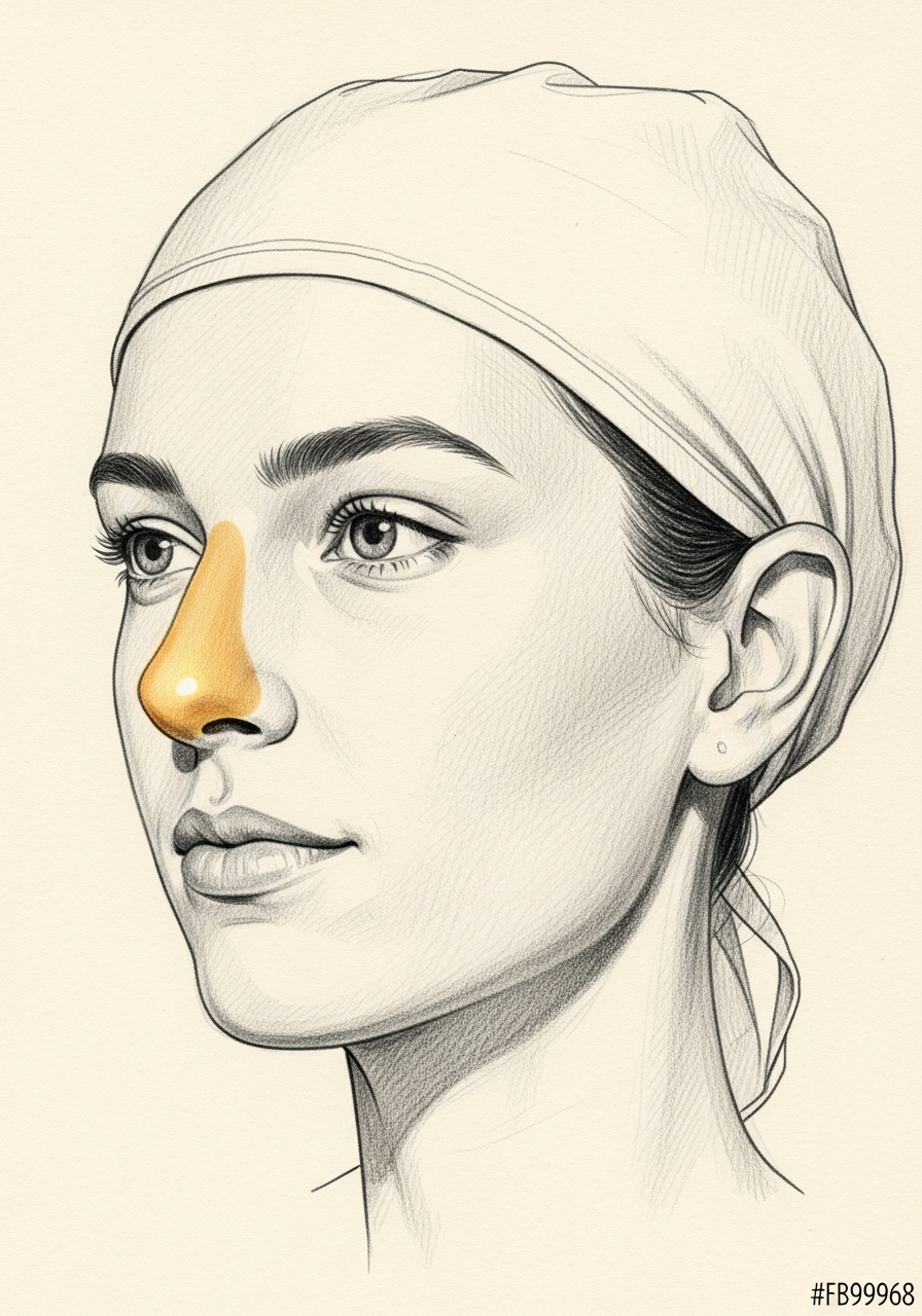 Editorial pencil-sketch portrait — refined natural nose after first-time rhinoplasty