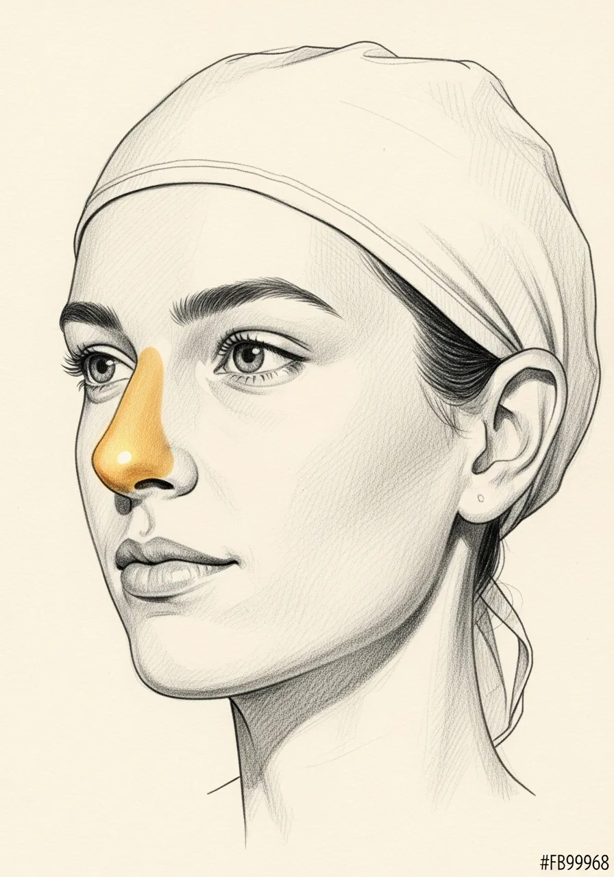 Editorial pencil-sketch portrait — refined natural nose after first-time rhinoplasty