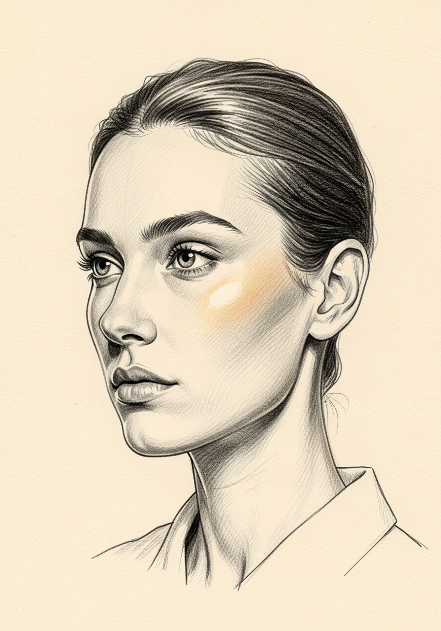 Editorial pencil-sketch profile — the refined silhouette after a Mourad NYC revision rhinoplasty