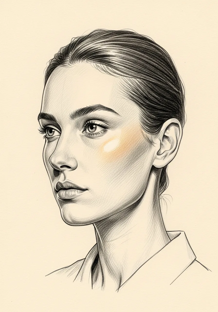Editorial pencil-sketch profile — the refined silhouette after a Mourad NYC revision rhinoplasty