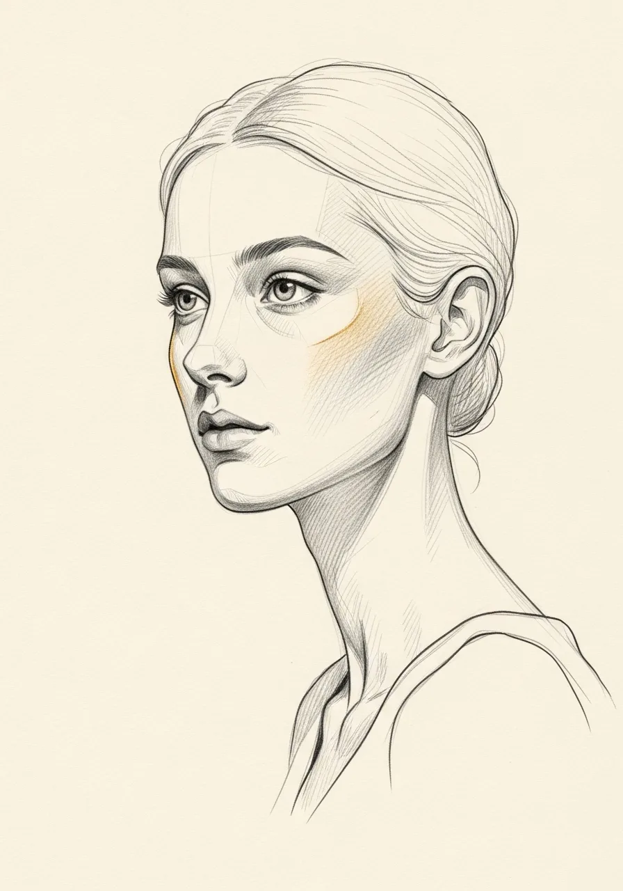 Editorial pencil-sketch portrait — the calm, considered aesthetic of Mourad NYC rhinoplasty